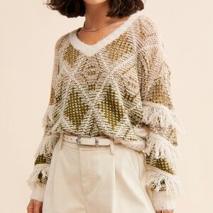 Women's Fringe Sweater - Olive and Cream, Size S